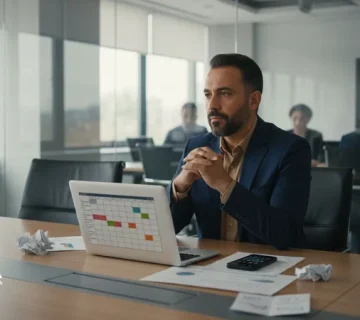 مدیر در فضای جلسه کاری با تقویم شلوغ و یادداشت‌ها؛ تصویر مفهومی از ذهن شلوغ مدیر و تکنیک‌های تمرکز در روزهای پرجلسه