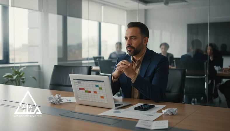 مدیر در فضای جلسه کاری با تقویم شلوغ و یادداشت‌ها؛ تصویر مفهومی از ذهن شلوغ مدیر و تکنیک‌های تمرکز در روزهای پرجلسه