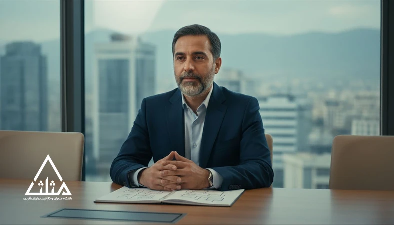 مدیر ایرانی با ذهن آرام در فضای جلسه کاری، نمادی از ذهن‌آگاهی و تصمیم‌گیری بهتر مدیریتی