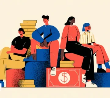 تصویرسازی مفهومی از رفتار مصرف‌کننده و تصمیم‌های اقتصادی؛ چند فرد با ظاهر متنوع روی سکوهایی کنار سکه‌ها، بسته‌ها و نماد پول نشسته‌اند که نشان‌دهنده تفاوت ترجیحات، قدرت خرید و تأثیر آن‌ها بر تصمیم‌های بازاریابی و استراتژی‌های بازار است.