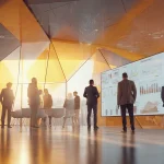 مدیران در حال بررسی داشبوردهای CRM، ERP و OKR برای افزایش بهره‌وری سازمانی در یک جلسه مدیریتی مدرن