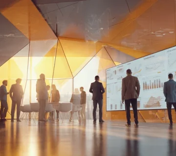 مدیران در حال بررسی داشبوردهای CRM، ERP و OKR برای افزایش بهره‌وری سازمانی در یک جلسه مدیریتی مدرن