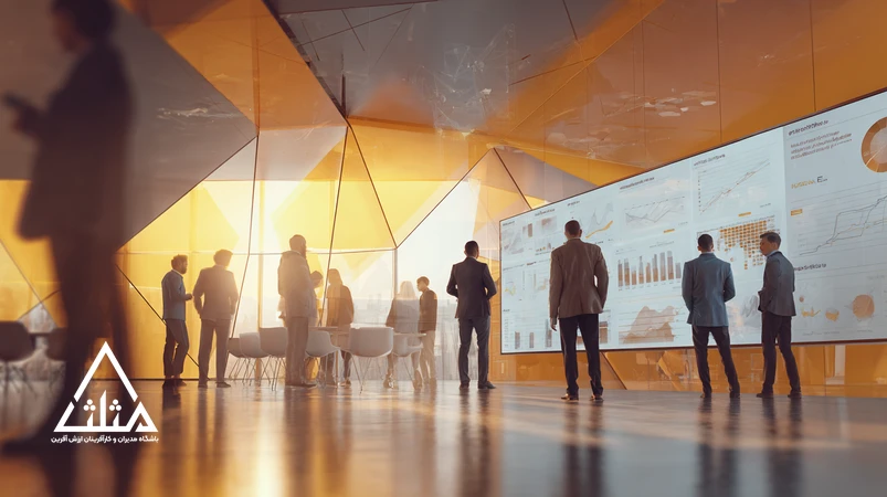 مدیران در حال بررسی داشبوردهای CRM، ERP و OKR برای افزایش بهره‌وری سازمانی در یک جلسه مدیریتی مدرن