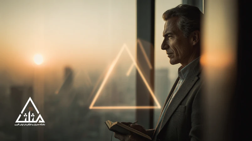 الهام روزانه مدیران در دفتر کاری مدرن با مدیر ایرانی در حال نوشتن جملات الهام‌بخش و برنامه‌ریزی روز