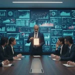 مدیران در جلسه کاری مقابل داشبورد مدیریتی شلوغ؛ نمایش چالش داده زیاد و تصمیم‌گیری داده‌محور با KPIهای محدود و معنادار