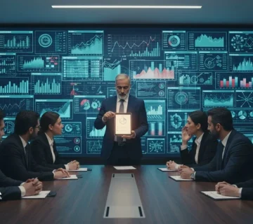 مدیران در جلسه کاری مقابل داشبورد مدیریتی شلوغ؛ نمایش چالش داده زیاد و تصمیم‌گیری داده‌محور با KPIهای محدود و معنادار