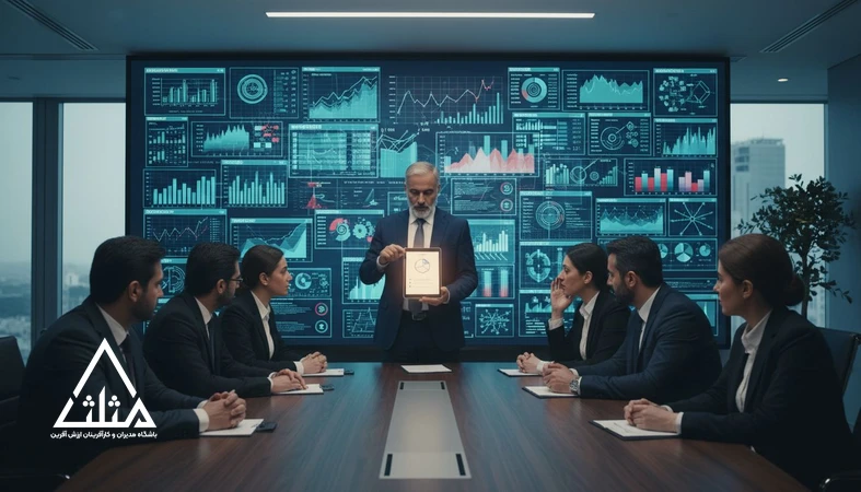 مدیران در جلسه کاری مقابل داشبورد مدیریتی شلوغ؛ نمایش چالش داده زیاد و تصمیم‌گیری داده‌محور با KPIهای محدود و معنادار