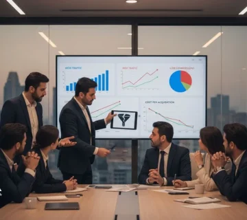 جلسه مدیران در حال تحلیل کمپین دیجیتال با ترافیک بی‌کیفیت و مسیر تبدیل ناقص روی داشبورد سنجش عملکرد و نرخ تبدیل