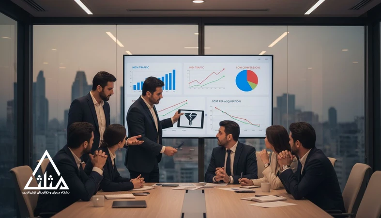 جلسه مدیران در حال تحلیل کمپین دیجیتال با ترافیک بی‌کیفیت و مسیر تبدیل ناقص روی داشبورد سنجش عملکرد و نرخ تبدیل