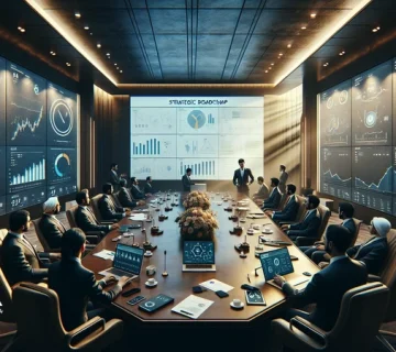 جلسه مدیران در حال بررسی داشبورد و نقشه راه بازاریابی دیجیتال؛ مقایسه نگاه ابزاری و استراتژیک برای تصمیم‌گیری مدیریتی