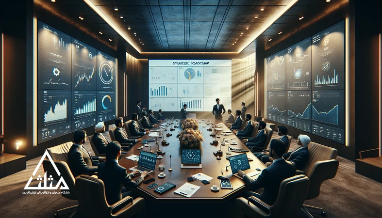 جلسه مدیران در حال بررسی داشبورد و نقشه راه بازاریابی دیجیتال؛ مقایسه نگاه ابزاری و استراتژیک برای تصمیم‌گیری مدیریتی
