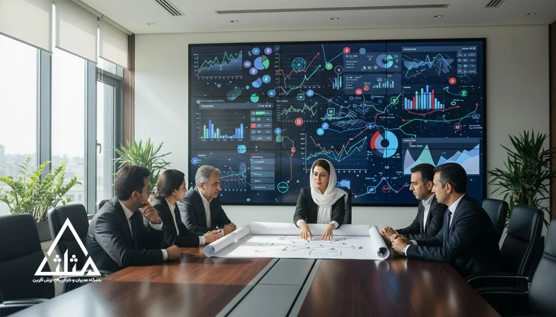 جلسه مدیران در حال تحلیل بازاریابی دیجیتال و تدوین استراتژی برای جلوگیری از اتلاف بودجه و سردرگمی کانال‌ها