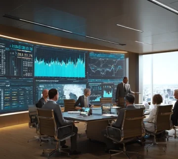 economic analysis in practice and data-driven decision-making by managers reviewing market data dashboards in a professional meeting room