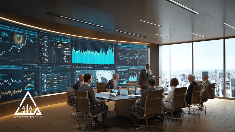 economic analysis in practice and data-driven decision-making by managers reviewing market data dashboards in a professional meeting room