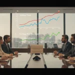 مدیران در جلسه کاری در حال تحلیل شاخص‌های اقتصادی و نمودارهای تورم و نرخ ارز برای تصمیم‌گیری مدیریتی