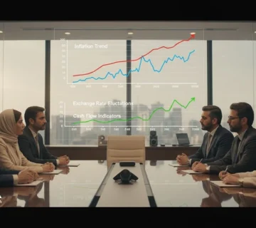 مدیران در جلسه کاری در حال تحلیل شاخص‌های اقتصادی و نمودارهای تورم و نرخ ارز برای تصمیم‌گیری مدیریتی
