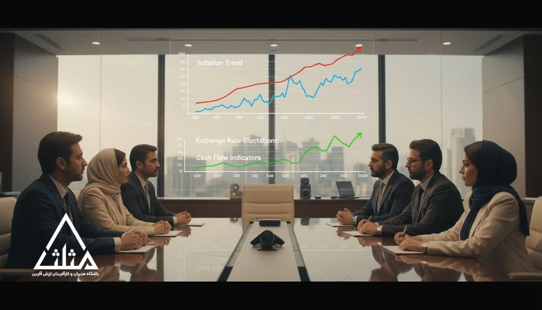 مدیران در جلسه کاری در حال تحلیل شاخص‌های اقتصادی و نمودارهای تورم و نرخ ارز برای تصمیم‌گیری مدیریتی