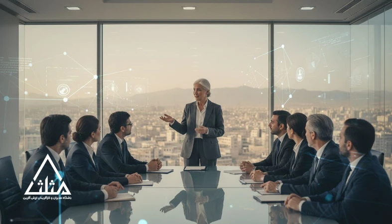 مدیر ارشد در حال هدایت جلسه تیم مدیریتی در سازمان پیچیده؛ تصویر مرتبط با رهبری مؤثر و تصمیم‌گیری در شرایط متغیر
