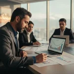 جلسه مدیریتی برای تحلیل شکست در کارآفرینی و بررسی داده‌ها و نمودارهای کسب‌وکار