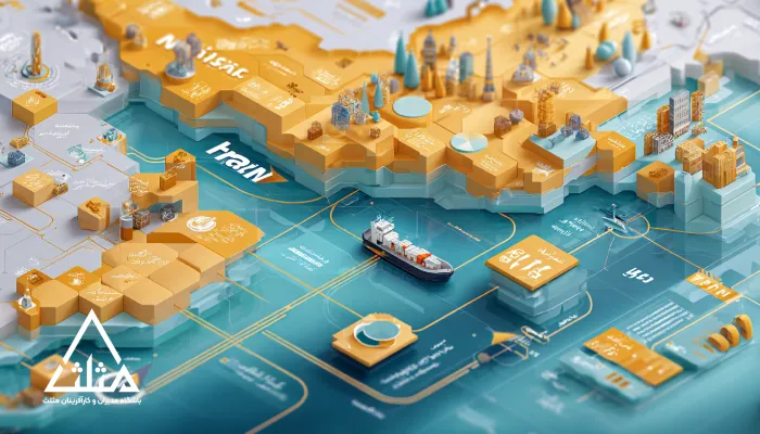 نقشه سه‌بعدی و ایزومتریک از ایران و بازارهای منطقه‌ای اطراف با مسیرهای تجاری دریایی و زمینی، نمادهای حمل‌ونقل و عناصر تحلیلی که مفهوم بازاریابی صادراتی هوشمند، مدیریت ریسک و ورود برنامه‌ریزی‌شده شرکت‌های ایرانی به بازارهای منطقه را نشان می‌دهد.