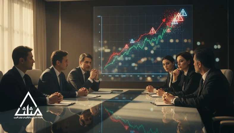 جلسه مدیران در حال بررسی نمودار رشد سریع و ریسک‌های پنهان رشد کسب‌وکار قبل از بحران