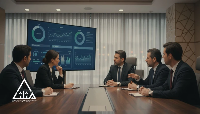 جلسه مدیران در حال بررسی داشبورد مالی و تصمیم‌های مالی مدیران غیرمالی برای کنترل سود، نقدینگی و ریسک