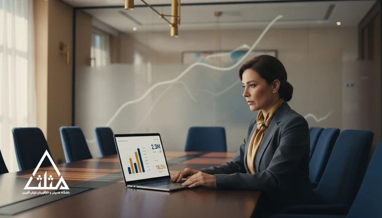 مدیر کسب‌وکار در حال بررسی داشبورد سواد مالی و شاخص‌های مالی هفتگی مثل جریان نقدی و حاشیه سود