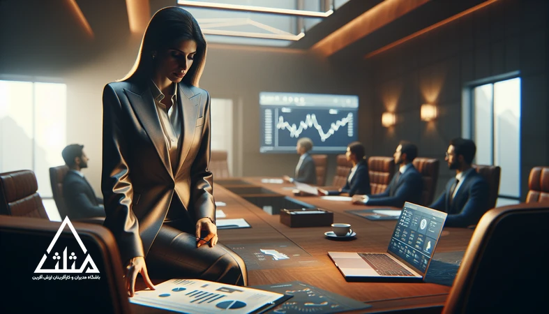 مدیر غیرمالی در جلسه هیئت‌مدیره در حال بررسی گزارش‌های نقدینگی و تصمیم‌گیری درباره مدیریت مالی