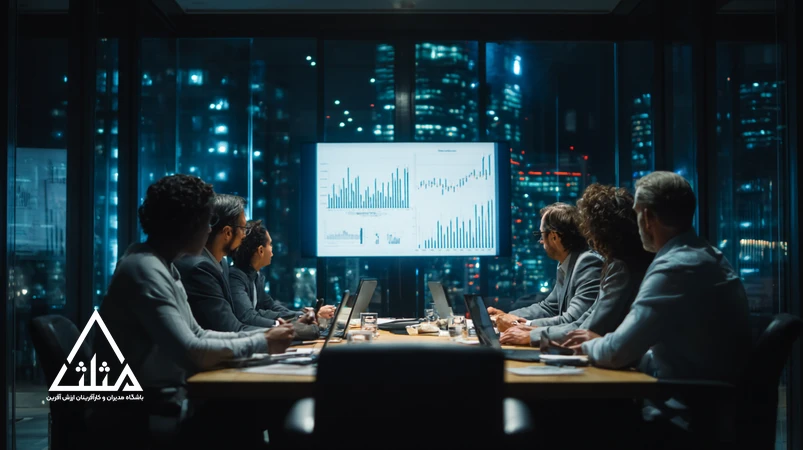 مدیران و کارآفرینان در حال تحلیل نمودارهای مالی و مدیریت مالی برای مدیران غیرمالی در یک جلسه حرفه‌ای