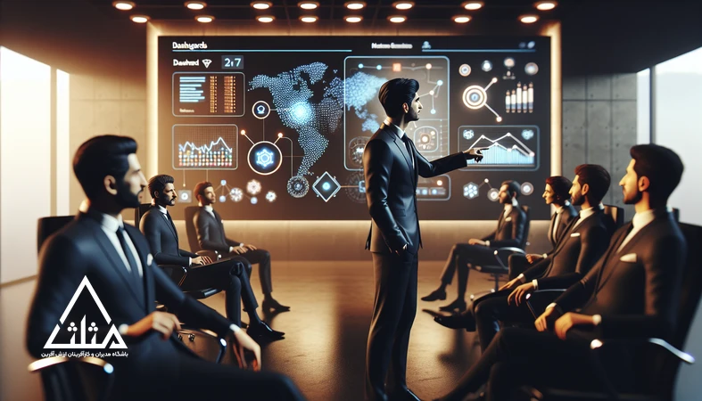مدیران در جلسه‌ای حرفه‌ای درباره آیندهٔ کار و آمادگی برای مشاغل دیجیتال با تمرکز بر داده‌محوری و رهبری دیجیتال