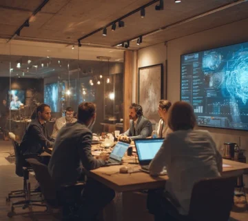 Iranian managers and employees collaborating around digital dashboards and remote tools, illustrating future of work and essential digital skills