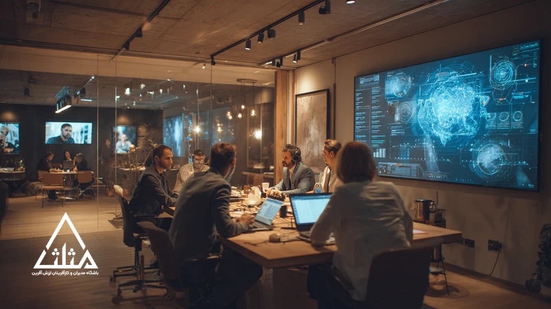 Iranian managers and employees collaborating around digital dashboards and remote tools, illustrating future of work and essential digital skills