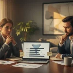 جلسه کاری مدیران در حال بررسی افت نرخ تبدیل و محرک‌های تصمیم خرید مشتری با تمرکز بر اعتماد و کاهش ریسک