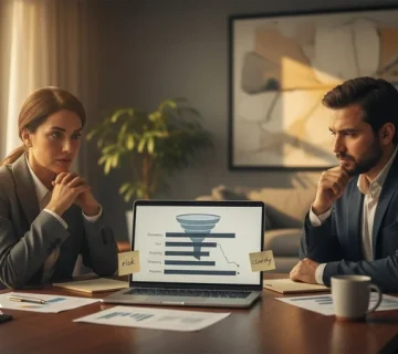 جلسه کاری مدیران در حال بررسی افت نرخ تبدیل و محرک‌های تصمیم خرید مشتری با تمرکز بر اعتماد و کاهش ریسک