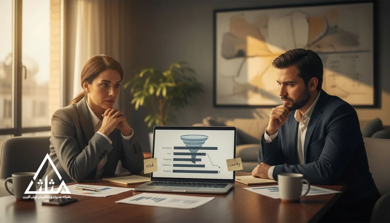 جلسه کاری مدیران در حال بررسی افت نرخ تبدیل و محرک‌های تصمیم خرید مشتری با تمرکز بر اعتماد و کاهش ریسک