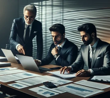 مدیران در جلسه کاری در حال بررسی اسناد مالی و ریسک‌های پنهان مالیات و حسابداری برای تصمیم‌گیری آگاهانه