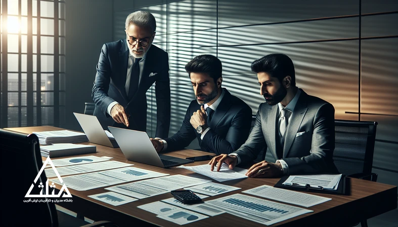 مدیران در جلسه کاری در حال بررسی اسناد مالی و ریسک‌های پنهان مالیات و حسابداری برای تصمیم‌گیری آگاهانه