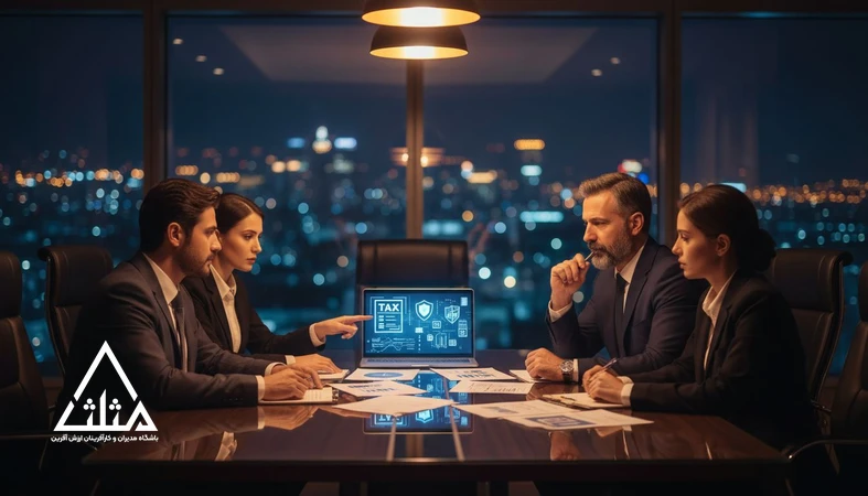 مدیران در جلسه تصمیم‌گیری در حال بررسی اسناد مالی و ریسک‌های مالیاتی پنهان در تصمیم‌های مدیریتی