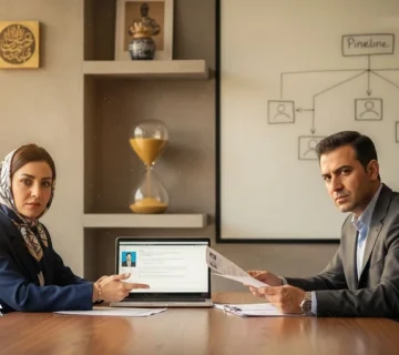 جلسه مدیر و مسئول منابع انسانی برای طراحی سیستم جذب و نگهداشت نیرو؛ بررسی رزومه‌ها و برنامه آنبوردینگ در محیط کاری حرفه‌ای