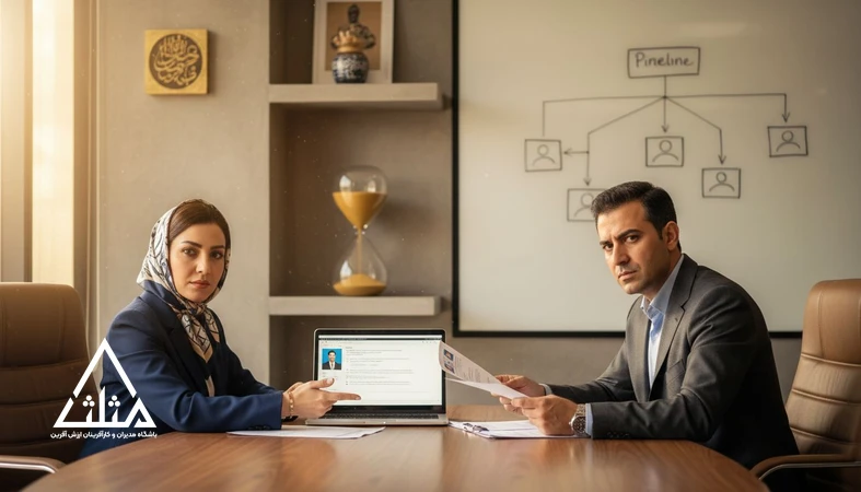 جلسه مدیر و مسئول منابع انسانی برای طراحی سیستم جذب و نگهداشت نیرو؛ بررسی رزومه‌ها و برنامه آنبوردینگ در محیط کاری حرفه‌ای