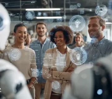 ChatGPT said: گروهی از مدیران جوان در حال تعامل دوستانه با رباتهای انساننما در یک دفتر مدرن، با آیکونهای هولوگرافیک ایده و داده در فضا؛ نمادی از آینده انسانمحور کار و نقش مهارتهای نرم در دنیای اتوماسیون