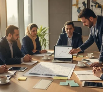 مدیران در جلسه کاری در حال اعتبارسنجی سریع ایده و بررسی مدل کسب‌وکار برای تبدیل ایده خام به مدل پول‌ساز