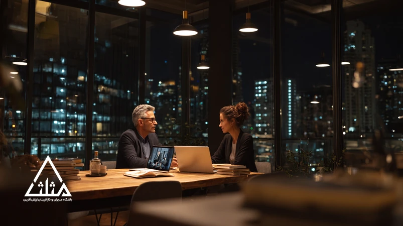 Iranian managers reading inspiring management books and watching leadership movies in a modern office lounge