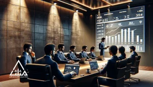 مدیران در جلسه کاری در حال بررسی داشبورد CRM و نمودار OKR برای انتخاب و استفاده درست از ابزارهای مدیریتی