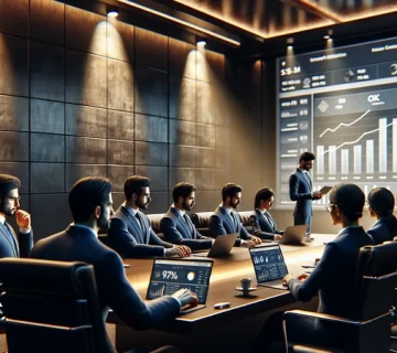 مدیران در جلسه کاری در حال بررسی داشبورد CRM و نمودار OKR برای انتخاب و استفاده درست از ابزارهای مدیریتی