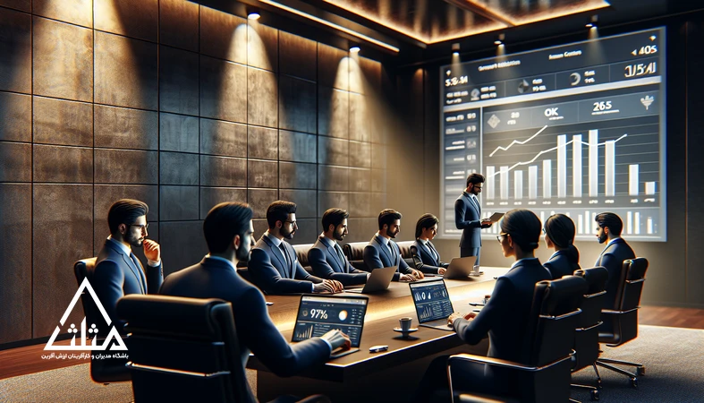 مدیران در جلسه کاری در حال بررسی داشبورد CRM و نمودار OKR برای انتخاب و استفاده درست از ابزارهای مدیریتی