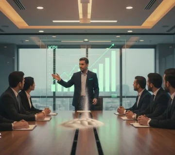 جلسه مدیریتی با نمایش داشبورد KPI که مفهوم توهم کنترل ناشی از ابزارهای مدیریتی و نرم‌افزارهای کنترلی را نشان می‌دهد