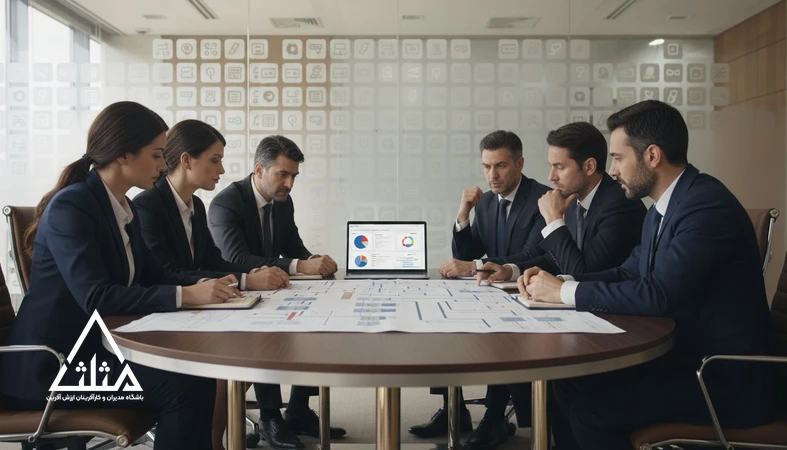 جلسه مدیران برای انتخاب ابزار مدیریتی مناسب مانند CRM، ERP، OKR و ابزار مدیریت پروژه با تمرکز بر تصمیم گیری درست و پیاده سازی نرم افزار