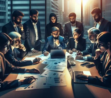 مدیران در جلسه کاری در حال تصمیم‌گیری مدیریتی در شرایط عدم قطعیت و بررسی داده‌ها برای کاهش خطای تصمیم