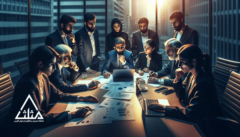 مدیران در جلسه کاری در حال تصمیم‌گیری مدیریتی در شرایط عدم قطعیت و بررسی داده‌ها برای کاهش خطای تصمیم